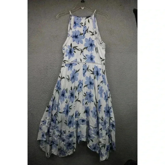 Lulus Zahara Blue and White Floral Midi Dress-Size XL-Lined-Handkerchief Hem - Picture 5 of 8